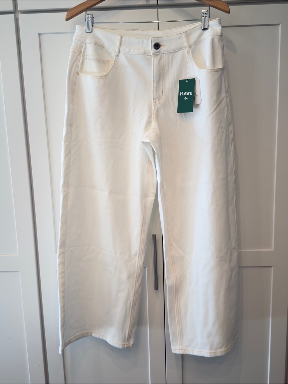 HALARA Cream Wide-Leg High-Rise Flex Denim Jeans Size Large Petite NWT